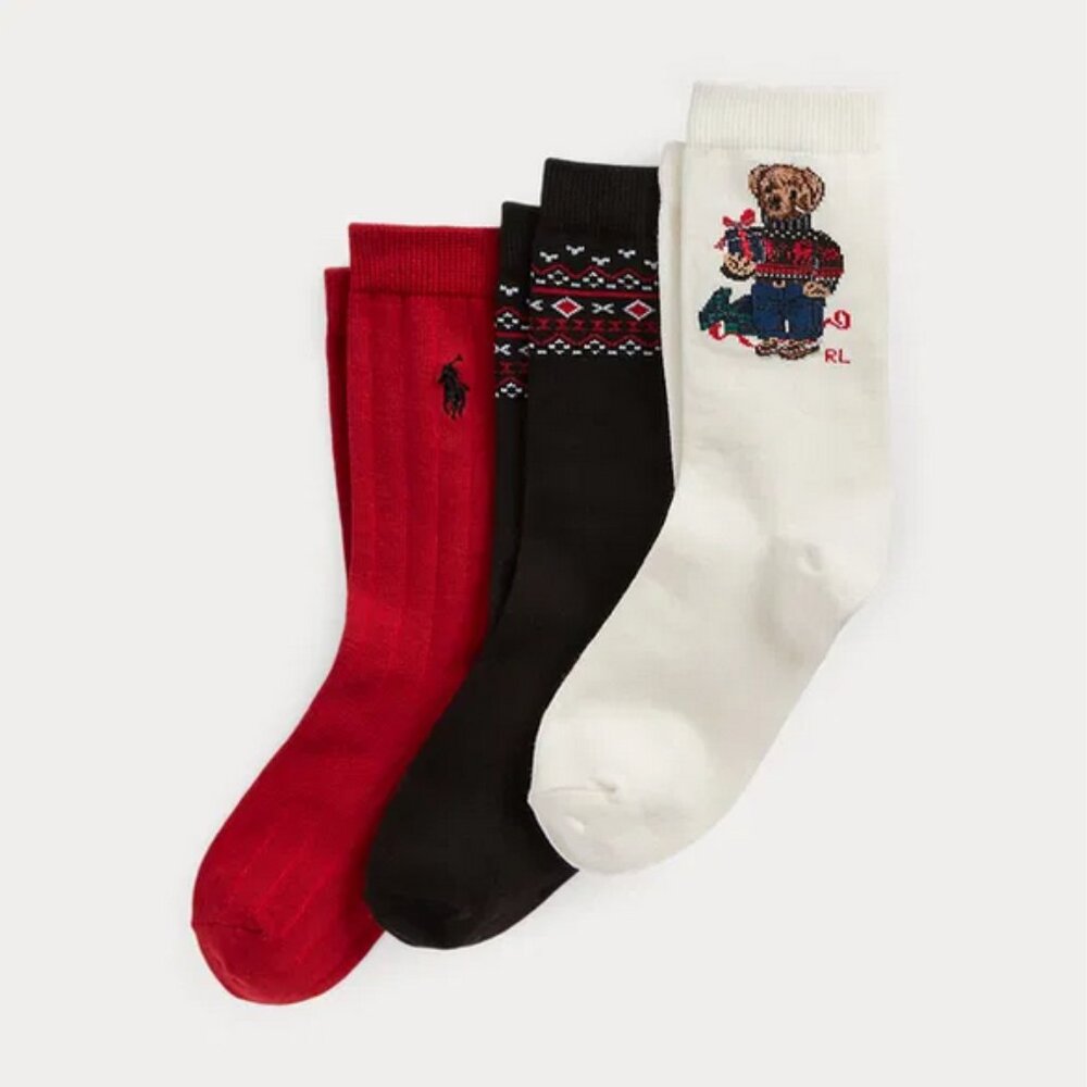 Polo Ralph Lauren Boys Bear Holiday Crew Socks 3-Pk Assorted